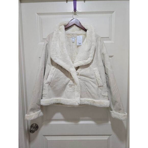 Nine West Faux Sued Aviator Jacket Ivory Super Cozy Front Buttons NWT Size XL - Picture 4 of 13